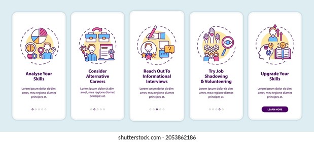 Career change steps onboarding mobile app page screen with concepts. Find new job tips walkthrough five steps graphic instructions. UI, UX, GUI vector template with linear color illustrations
