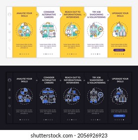 Career change steps onboarding vector template. Responsive mobile website with icons. Web page walkthrough 5 step screens. Upgrade your skills color concept with linear illustrations