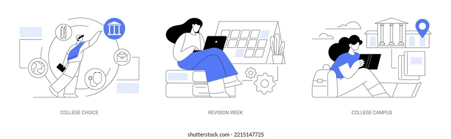 Career choice abstract concept vector illustration set. College choice, revision week, campus tour, career assessment test, timetables and planning, higher degree education abstract metaphor.