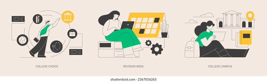 Career choice abstract concept vector illustration set. College choice, revision week, campus tour, career assessment test, timetables and planning, higher degree education abstract metaphor.