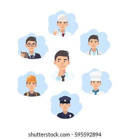 Career Choice Concept. Young Guy Choose A Profession. Illustration In Flat Style.