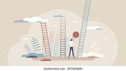 Career choice with professional work options ladders tiny person concept. Decision making for business direction and development strategy vector illustration. Uncertain businessman challenge planning.