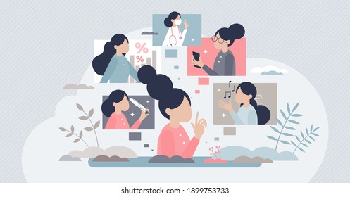 Career choice with various future occupation options tiny person concept. Thinking life decision for professional path from student to doctor, singer or other recruitment direction vector illustration