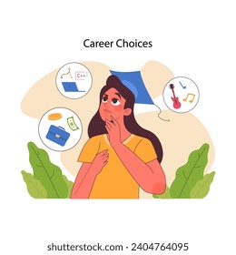 Career Choices concept. Pensive young woman weighing options in coding, finance, and music, reflecting the crucial decisions in professional paths. Flat vector illustration