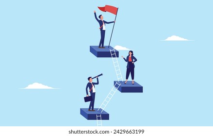 Career climbing development - Business people climbing ladder upwards to the top in corporate company. Steps to achieve goal and success concept in flat design vector illustration