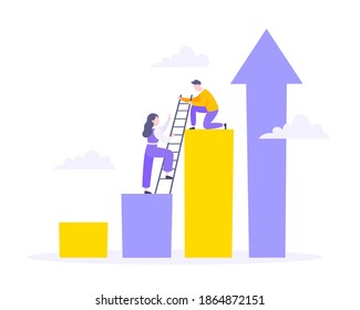 Career climbing and supporting with giving a helping hand business concept flat style design vector illustration. Collective teamwork and partnership or mentoring metaphor.