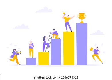 Career climbing and supporting with giving a helping hand business concept flat style design vector illustration. Collective teamwork and partnership or mentoring metaphor.