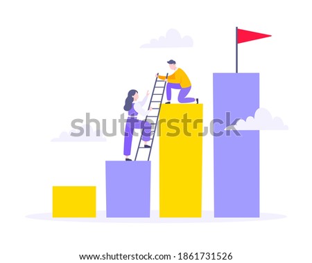 Career climbing and supporting with giving a helping hand business concept flat style design vector illustration. Collective teamwork and partnership or mentoring metaphor.