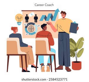 Career coach session illustration. A professional coach guides individuals with strategies for personal growth and career advancement. Vector illustration.