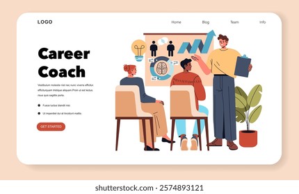 Career coaching concept. Professionals in a workshop led by a coach discussing growth and strategies. Interactive learning and skill development. Vector illustration.