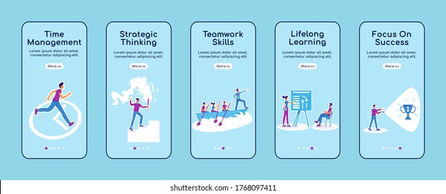 Career coaching onboarding mobile app screen flat vector template. Business development training. Walkthrough website steps with characters. UX, UI, GUI smartphone cartoon interface, case prints set