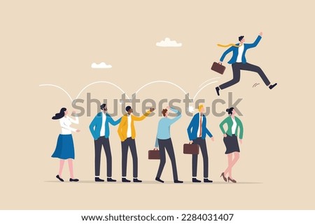 Career competition, job promotion or selfish colleagues jump over other people to get to goal, take advantage of coworker to success, selfish businessman jump over other people to achieve target.