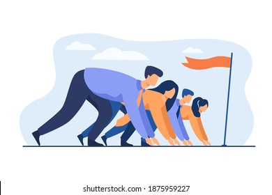 Career competition metaphor. Office professionals race. Employees ready to run, standing at start line with flag. Vector illustration for business opponents, rivalry concept