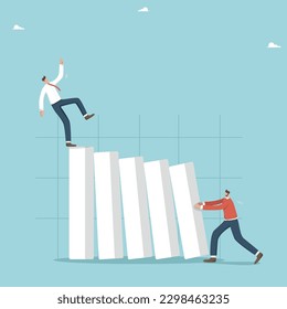 Career competition, ways and methods to achieve success and win competitor, risk or innovation to improve a ranking and profitability of a business, man pushes the graph columns to make opponent fall.