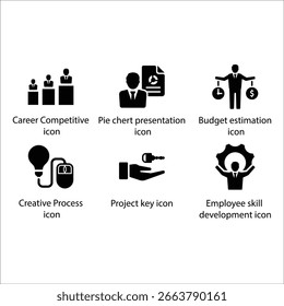Career Competitive, Presentation, Budget estimation, Creative Process, Project key, Skill development, icon