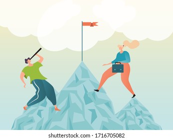 Career concept, growth progress and achievement business success as climbing mountain, vector illustration design, cartoon style. Woman and man strive for goal, check mark on top to become winner