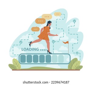 Concepto de carrera. Idea de progreso profesional personal. Desarrollo profesional y automejora. Gerente con motivación trabajando para promoción. Ilustración vectorial plana
