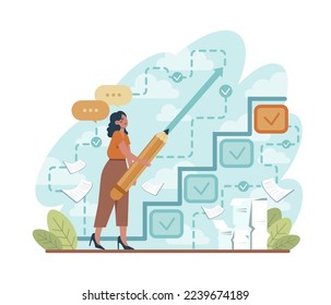 Career concept. Idea of personal professional progress. Career development and self-improvement. Manager with motivation working for promotion. Flat vector illustration