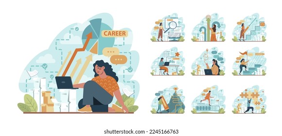 Career concept set. Idea of personal professional progress. Career development and self-improvement. Manager with motivation working for promotion. Flat vector illustration