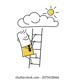 Career concept. Stick figure man climbs the ladder to the cloud. Doodle style. Vector illustration.