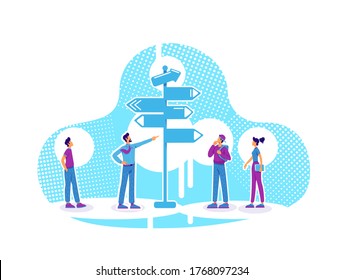 Career counseling flat concept vector illustration. Student choosing life path. Team leader and coworkers searching direction 2D cartoon characters for web design. Decision making creative idea