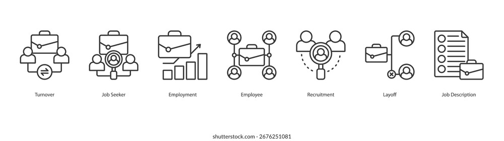 Concepto de Ilustración vectorial del conjunto del icono del Web del Anuncio del ciclo de la carrera con el icono de la rotación, buscador de trabajo, empleo, empleado, reclutamiento, despido, Descripción del trabajo