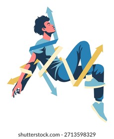 Decisión de carrera. Elija la dirección de la flecha. Hombre eligiendo trabajo. Forma de empleo. Estudiante de la duda. Persona reflexiva que hace la opción del camino. Puntero múltiple. Solución del problema. Dirección comercial. Concepto de Vector