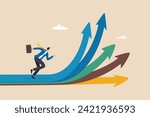 Career decision, choosing direction choices for future opportunity, different path to success, decide or progress options for career growth concept, businessman running to different arrow pathway.