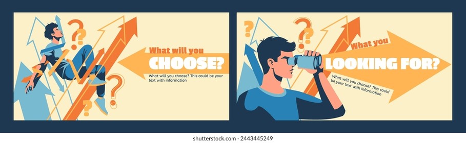 Career decision. Looking for success. Students choose job. Occupation choice. Business way. Find challenge. Employee makes path option. Journey pathway arrow. Man searches solution. Vector banners set