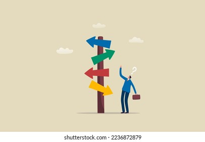 Career decisions. Many options for making decisions. Choice of business or job. Businessman thinking with question and  confused with the road sign or guide post. Illustration