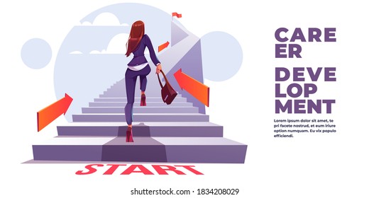 Career development banner. Concept of self build career, personal growth, professional progress. Vector landing page with cartoon illustration of business woman run up stair to top