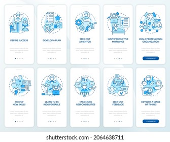 Career development blue onboarding mobile app page screen set. Job walkthrough 5 steps graphic instructions with concepts. UI, UX, GUI vector template with linear color illustrations collection