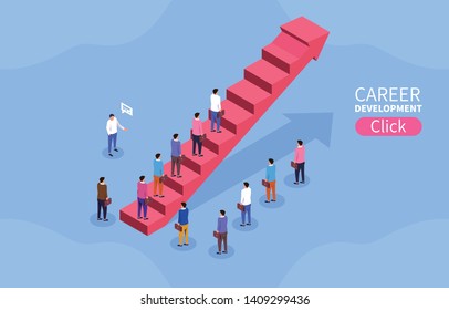 Career development concept, business development, waiting for opportunities, crowd walking on rising arrow