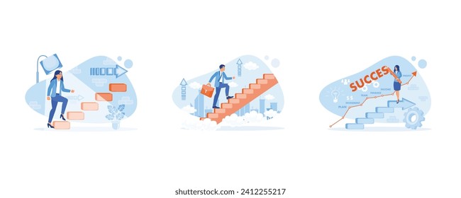 Career Development concept. Businessman climbing stairs. Women making business strategy plans. set flat vector modern illustration 