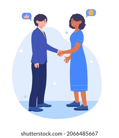 Concepto de desarrollo profesional. Empresario se reúne con gente exitosa. Contactos útiles, personas influyentes. Negociaciones sobre trato, entrevista Empleado consigue trabajo en nueva empresa. Dibujo vectorial plano de dibujos animados