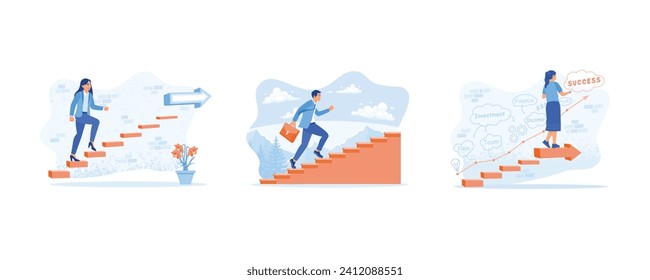 Career Development concept. Climb the stairs to the next level. Walk up the stairs with confidence. Draw a strategic plan for success. set flat vector modern illustration 