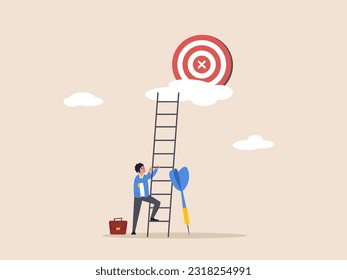 Career development concept. Dream big aim high, ambition and challenge to success in business, motivation to achieve big goal or target, ambitious businessman hold dart aim high at target on the cloud