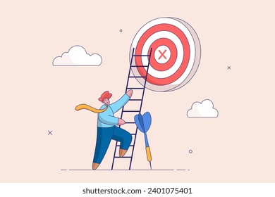 Career development concept. Dream big aim high, ambition and challenge to success in business, motivation to achieve big goal or target, ambitious businessman hold dart aim high at target on the cloud