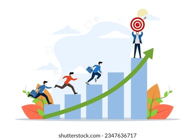 career development concept, growth or steps to achieve goal, ladder to ladder to achieve target, engagement, challenge or inspiration, employee walking on growth chart to achieve manager target.
