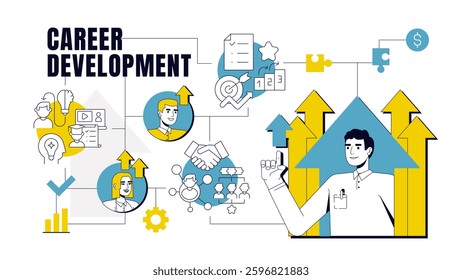 Career development concept illustration. Personal growth, professional. Worker, employee. Training coaching. Text banner with flat vector characters, colorful line icons. Visual communication