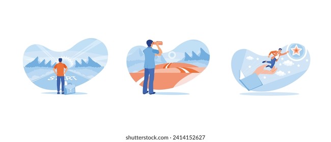 Career Development concept. The man stands on the highway and says START. Businessman standing at the beginning of the road. Businessman reaching for the stars in the sky. 