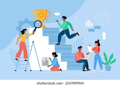 Career development concept. Modern vector illustration with businessman running up stairs and diverse people team planning career growth