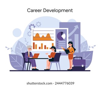 Career Development concept. A professional team analyzes data and strategizes for career advancement, showcasing teamwork and business growth. Vector illustration