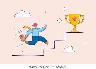 Career development concept. Take small steps to achieve big goal, growing wisely slow and steady to reach target and achieve success, confidence businessman take slow small stair steps to reach goal.