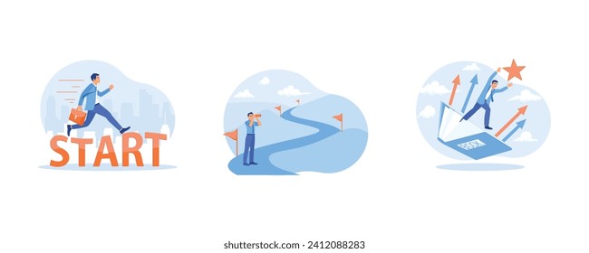 Career Development concept. Walk on the word start. Look at the end of the road using a telescope. A businessman emerges from the book, reaching for the stars. set flat vector modern illustration 