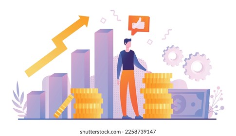 Career development concept. Young guy with money on background of growing graph or chart. Economics and trading. Successful investor, entrepreneur or businessman. Cartoon flat vector illustration