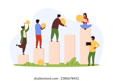 Career development and creative ideas vector illustration. Cartoon tiny people standing on steps of career ladder with light bulbs of different sizes in hands, talent professional employees in team