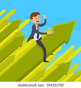 Career development design concept with smiling businessman on green growing arrow on blue background vector illustration   