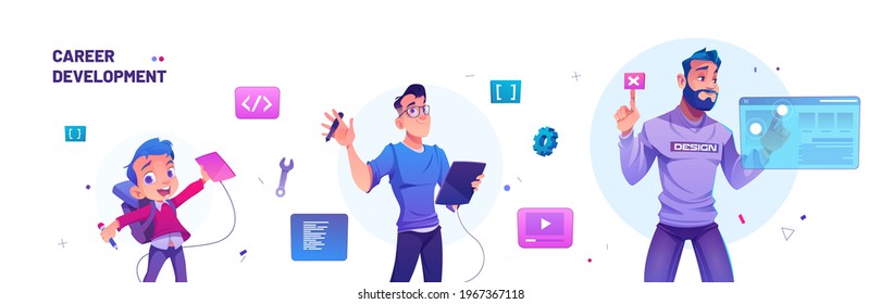 Career development in design from kid to designer and leader. Education, work progress and professional boost in creative job. Vector cartoon illustration of boy and man with graphic tablet