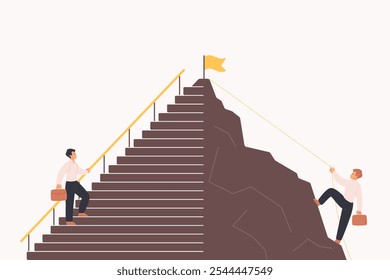 Career development, difficult and easy way of leadership challenge, strategy of winner. Tiny business people climb up to flag on mountain using rope and walk up stairs cartoon vector illustration